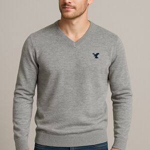 EXPRESS Mens V Neck Knit Sweater Gray 100% Cotton Size Large L NWT